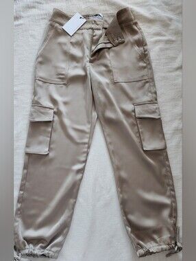 NWT Greylin Satin Cargo Pants Champagne Beige Joggers XS